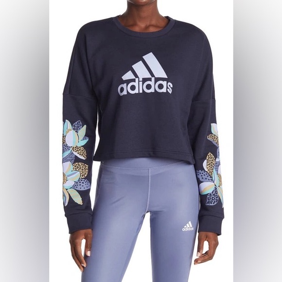 adidas Tops - Adidas Cropped Crewneck Sweatshirt Floral Graphic Sleeves | XS